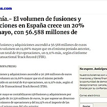 El volumen de fusiones y adquisiciones en Espaa crece un 20% hasta mayo, con 56.588 millones de euros